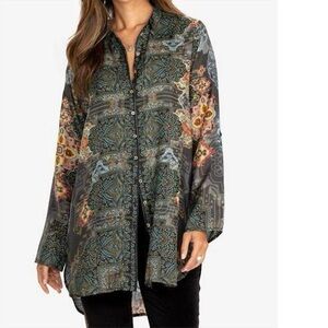 Johnny Was Green and Gray Paisley Button-Down Tunic Shirt